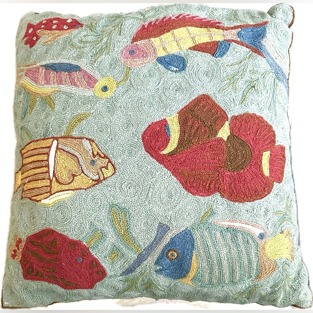 Hand Knit 18" Fish Coastal Embroidered Pillow Wool Crewel Chainstitch Embroidery